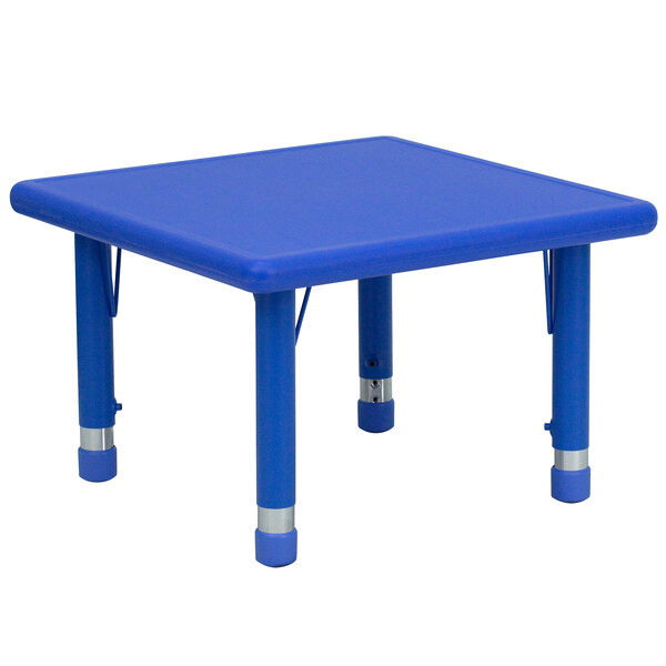 A blue square Flash Furniture activity table with adjustable legs.