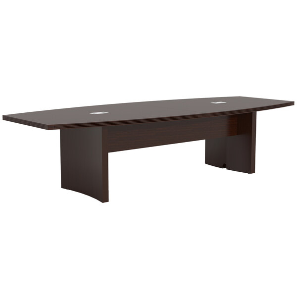 A brown Safco Aberdeen rectangular conference table with a black base and two legs.