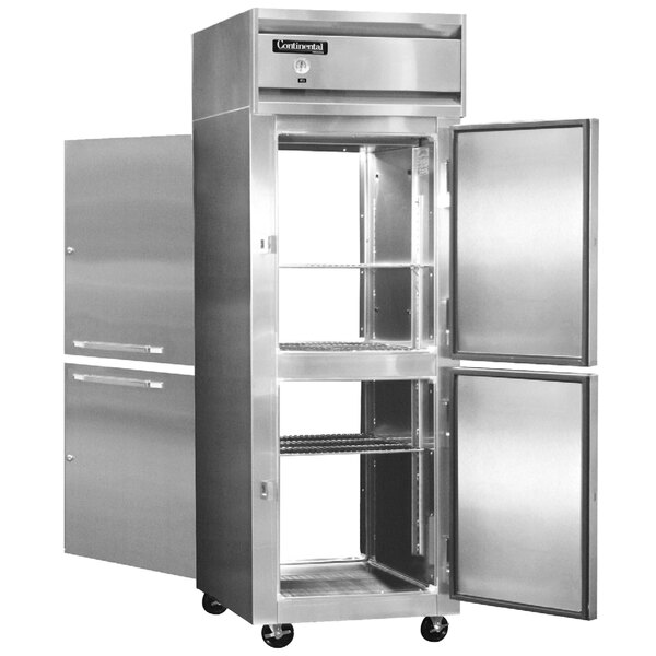 A stainless steel Continental Refrigerator with two half doors open.