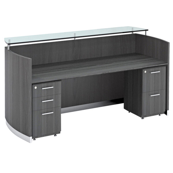 A Safco Medina steel gray reception desk with glass top and pedestals.