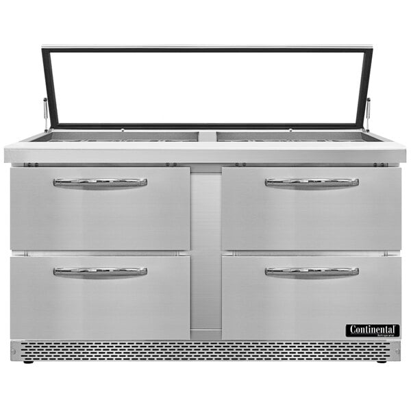 A stainless steel Continental Refrigerator with drawers on a counter in a professional kitchen.