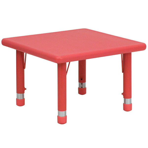 A small red square table with adjustable legs.