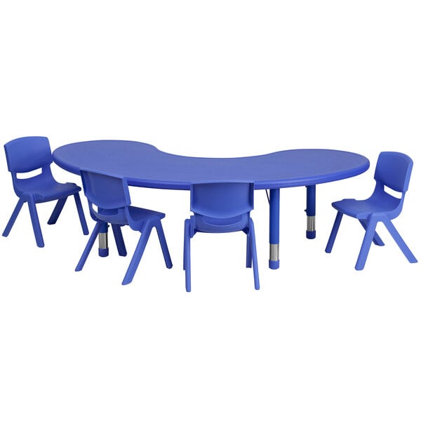 A blue plastic half-moon table with blue legs and four blue chairs.