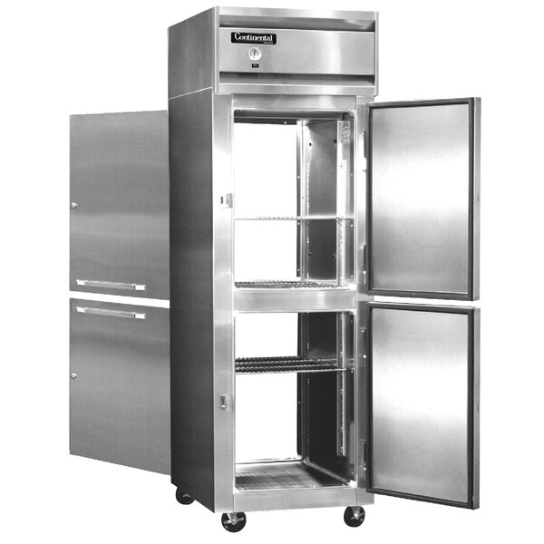A stainless steel Continental Refrigerator with two solid half doors.