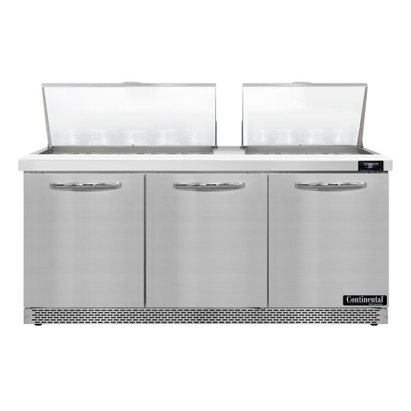 A Continental Refrigerator refrigerated sandwich prep table with 3 doors.