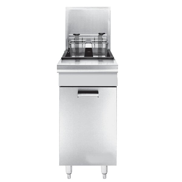 A stainless steel Garland Master Series Liquid Propane gas fryer on a metal structure.