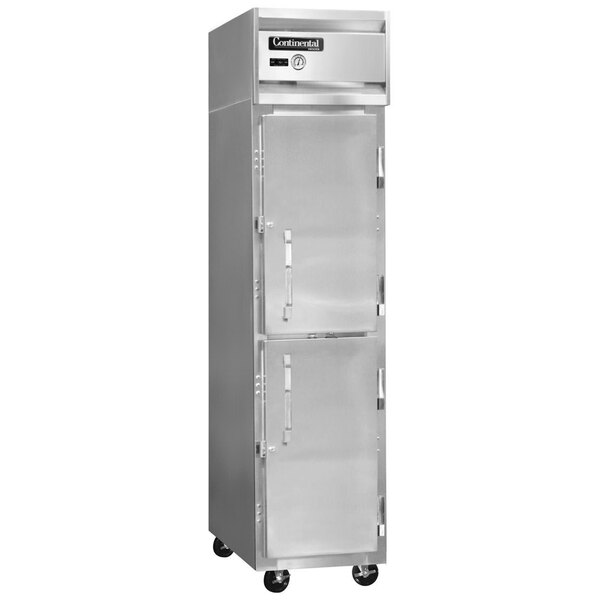 A stainless steel Continental Refrigerator with a white half door.