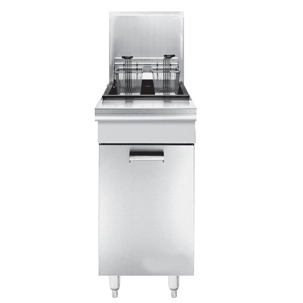 A Garland stainless steel gas fryer with two pots on top.