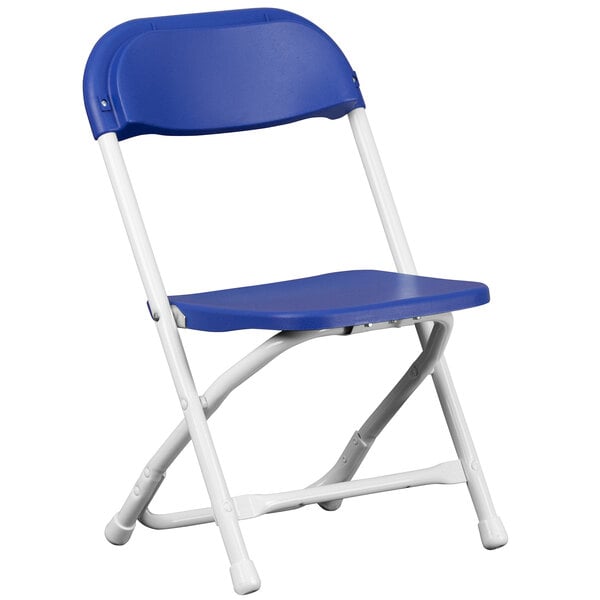 A blue plastic Flash Furniture kids folding chair with white legs.