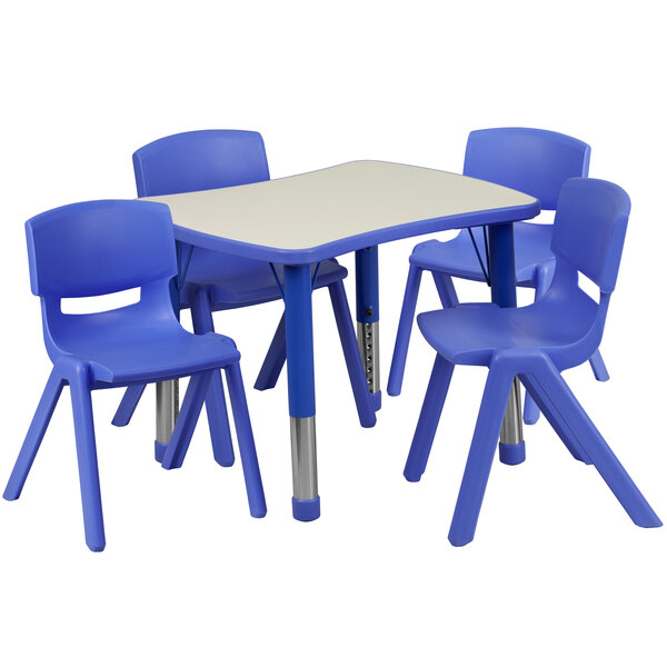A blue plastic rectangular table and chairs set.