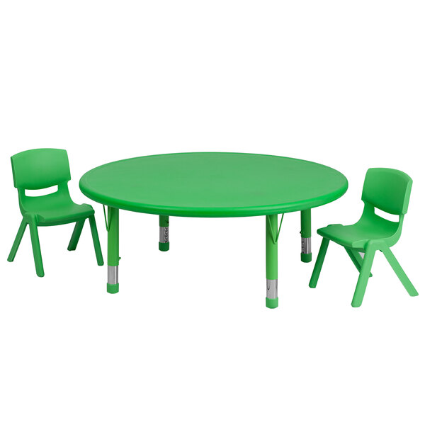 A green plastic table and two chairs.