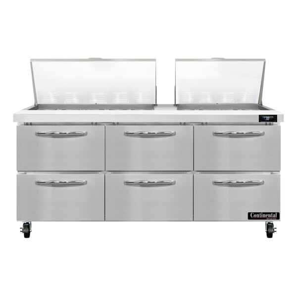 A stainless steel Continental Refrigerator with 6 drawers.