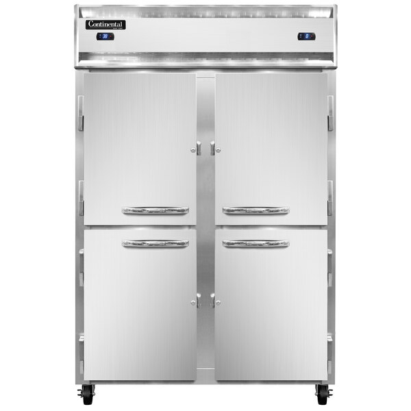 A white narrow reach-in refrigerator with two half doors with silver handles.