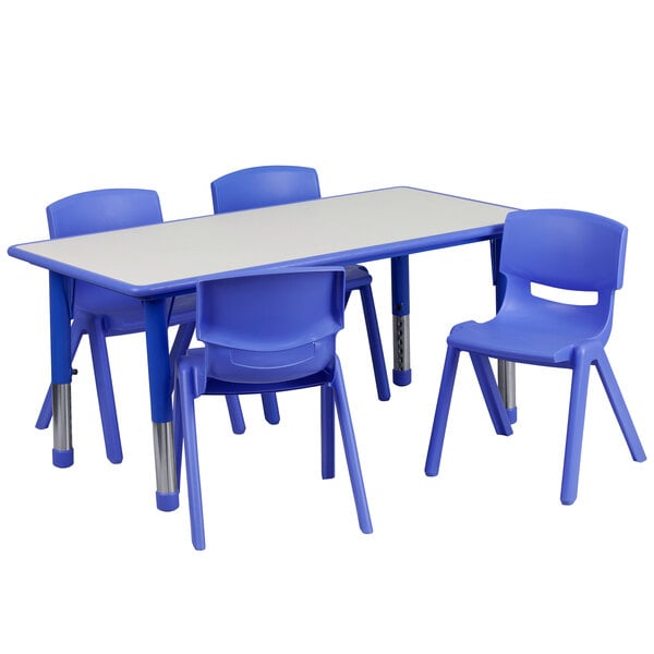 A blue plastic rectangular table with blue legs and four blue plastic chairs.