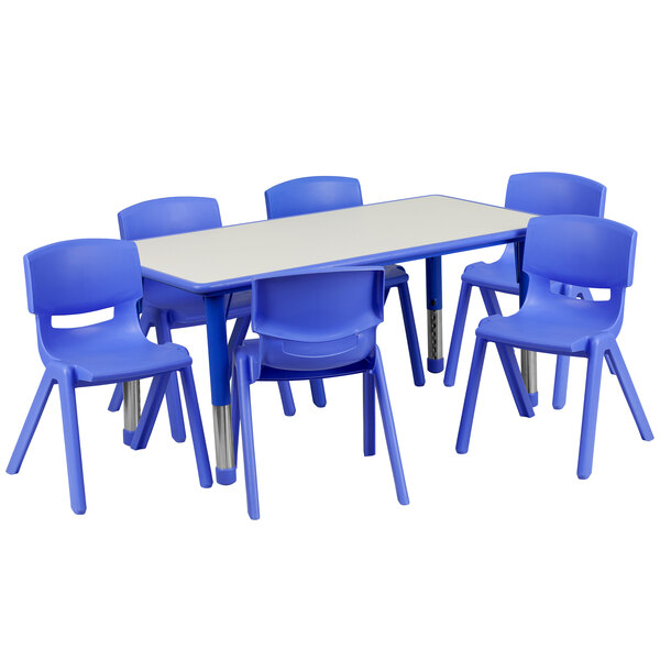 A blue plastic rectangular table with six blue plastic chairs.