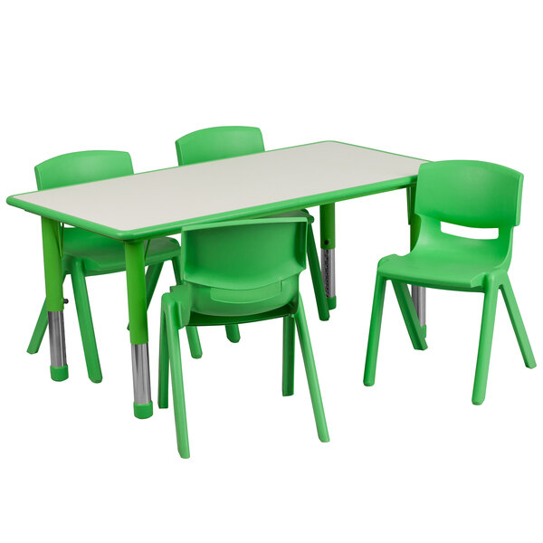 A green plastic rectangular Flash Furniture activity table with four chairs.
