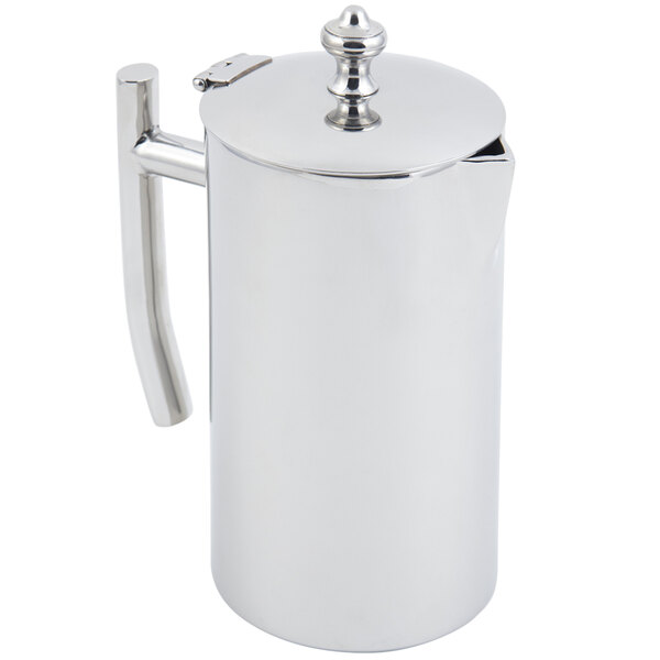 A silver stainless steel Bon Chef coffee pot with a lid and handle.
