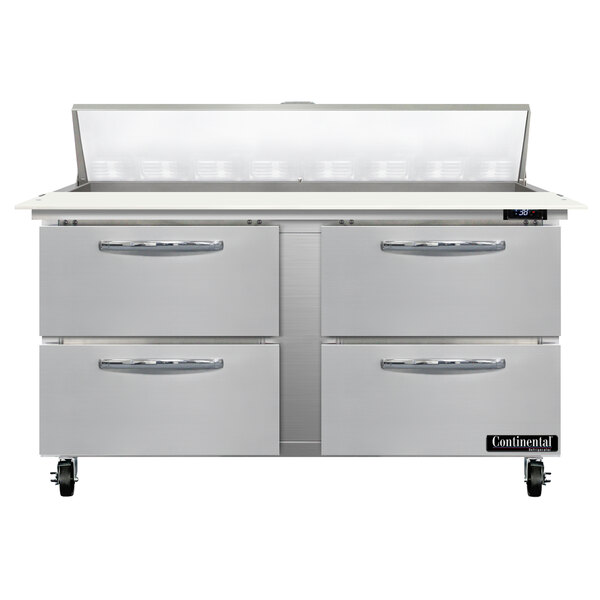 A stainless steel drawer on a Continental Refrigerated Sandwich Prep Table.