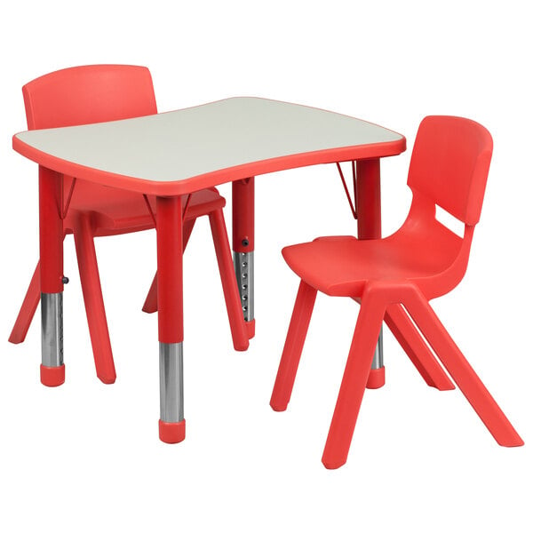 A Flash Furniture red plastic rectangular table with adjustable legs and two chairs.