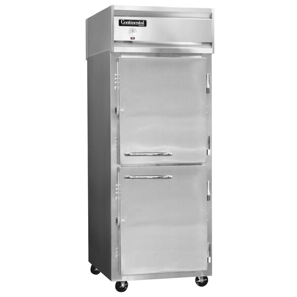 A white Continental Refrigerator reach-in refrigerator with a stainless steel half door and black handle.