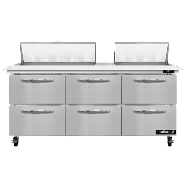 A Continental Refrigerator cutting top sandwich prep table with 6 drawers.