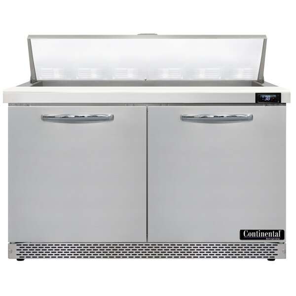 A Continental Refrigerator refrigerated sandwich prep table with two doors.