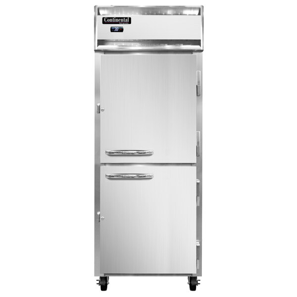 A Continental pass-through refrigerator with half doors and silver handles.