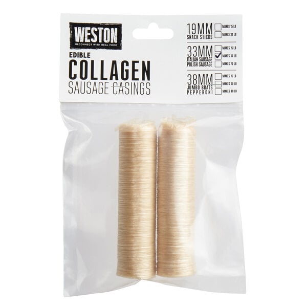 A package of Weston collagen sausage casings with silver thread.