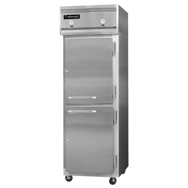 A stainless steel Continental Refrigerator with half freezer doors.