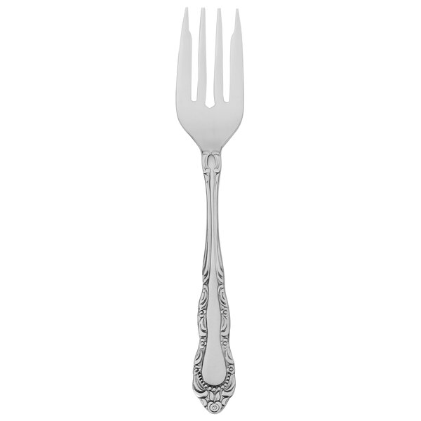 A silver Walco Patrician salad fork with a design on the handle.