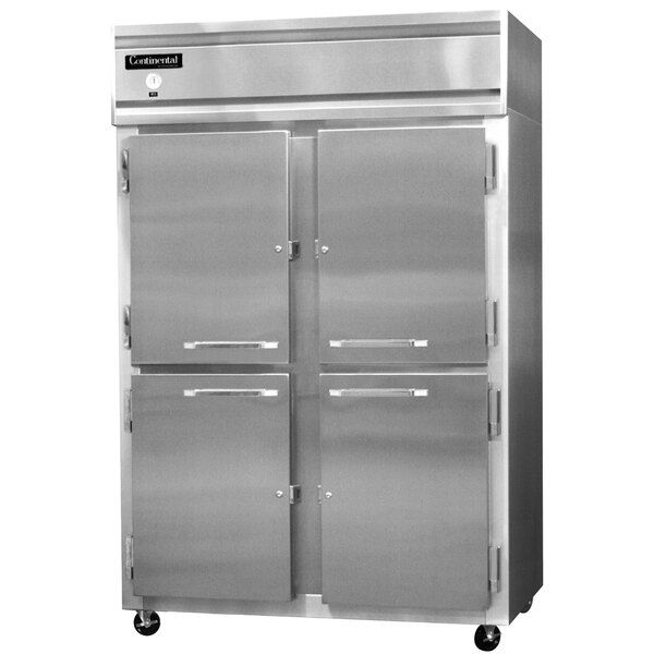 A stainless steel Continental Refrigerator with half doors.