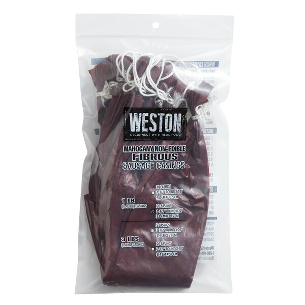 A package of Weston Mahogany Sausage Casings with a bag of brown fibrous material inside.