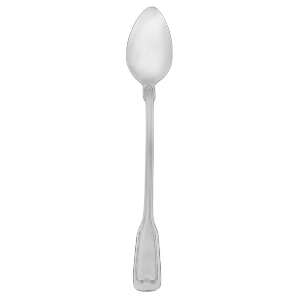 A silver Walco stainless steel iced tea spoon with a white handle.