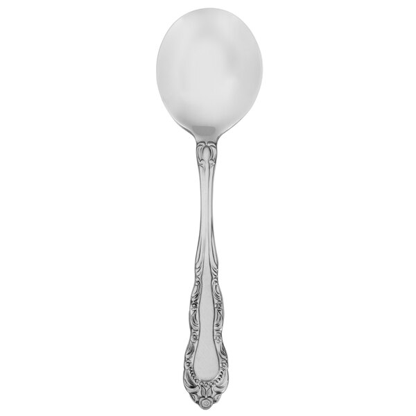 A close-up of a Walco Patrician stainless steel bouillon spoon with a handle.