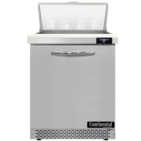 A Continental Refrigerator refrigerated sandwich prep table with an open door.