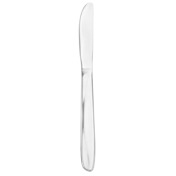A silver knife with a black handle on a white background.