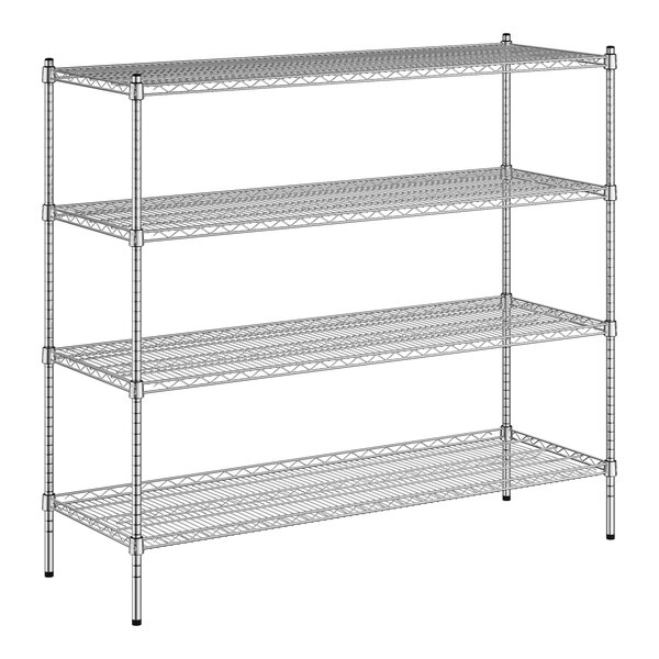 A wireframe of a Regency chrome wire shelving kit with four shelves.