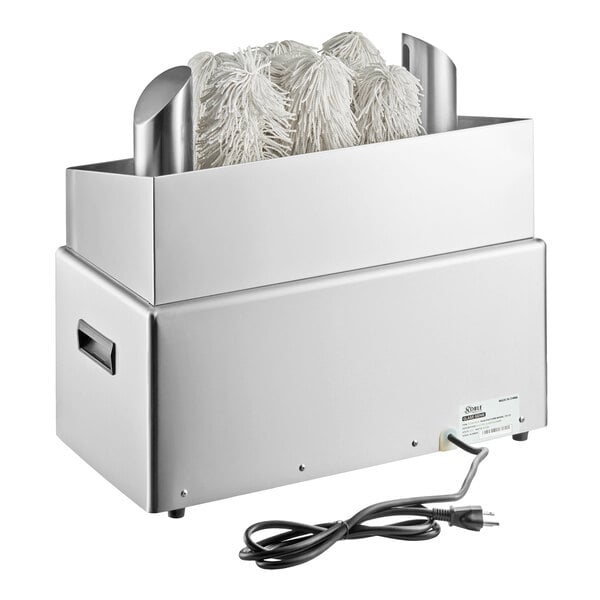 An electric glass polisher with eight brushes housed in a stainless steel unit, designed for commercial use.