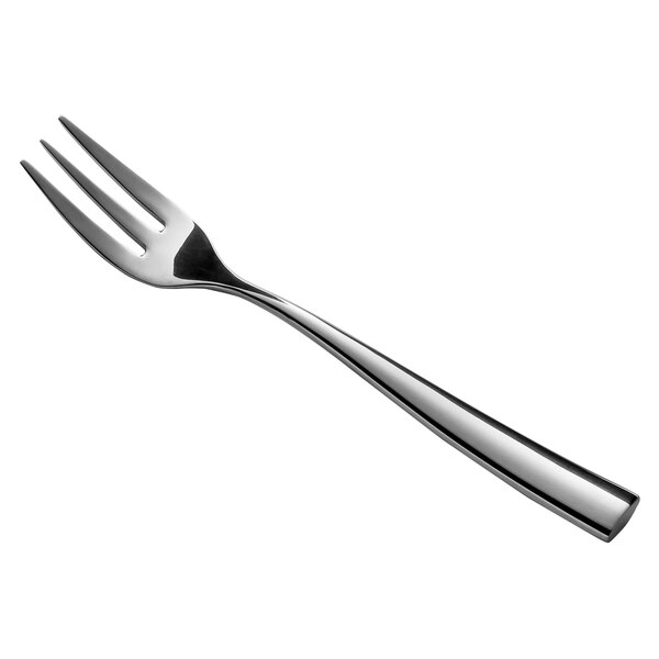 A close-up of a Reserve by Libbey stainless steel cocktail fork with a white background.