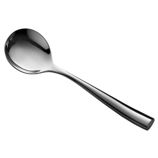 A close-up of a Reserve by Libbey stainless steel bouillon spoon with a silver finish.