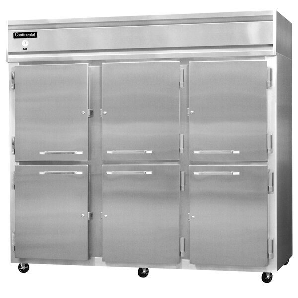 Three stainless steel Continental Refrigerator half door reach-in refrigerators.