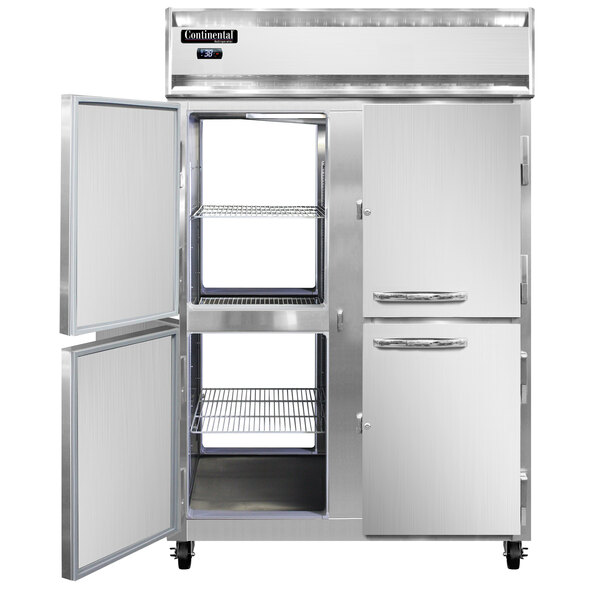 A large stainless steel Continental Refrigerator with two doors open.