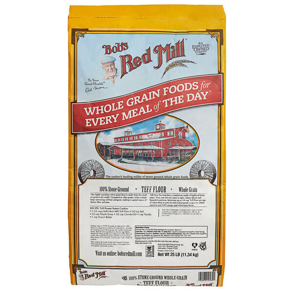 A yellow bag of Bob's Red Mill Gluten-Free Teff Flour with the words "Teff Flour" in brown.