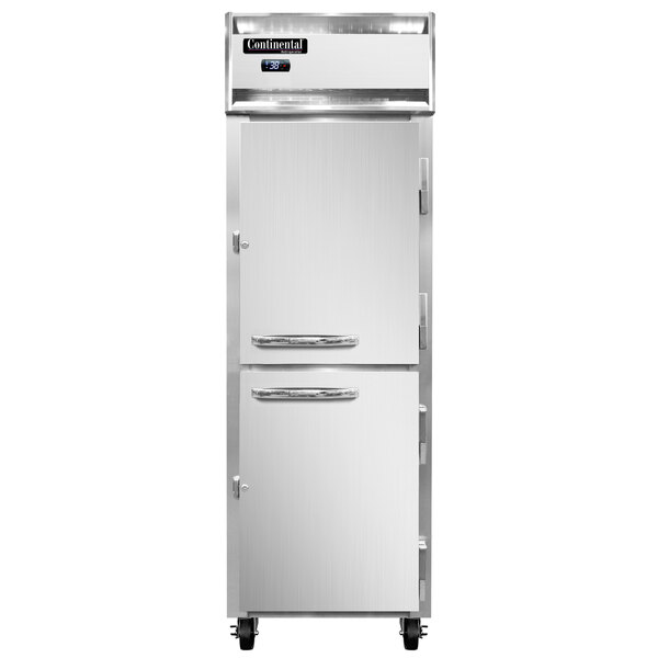 A white Continental pass-through refrigerator with a white door and a silver handle.
