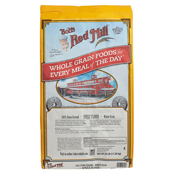 A bag of Bob's Red Mill Spelt Flour on a white background.