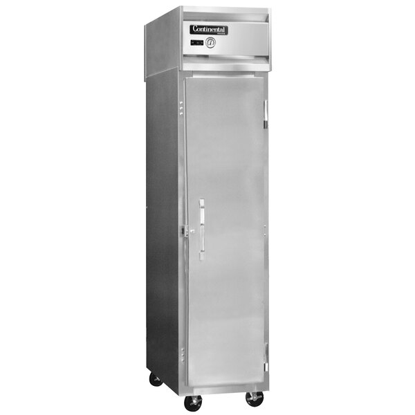 A Continental Refrigerator narrow reach-in refrigerator with a stainless steel door.