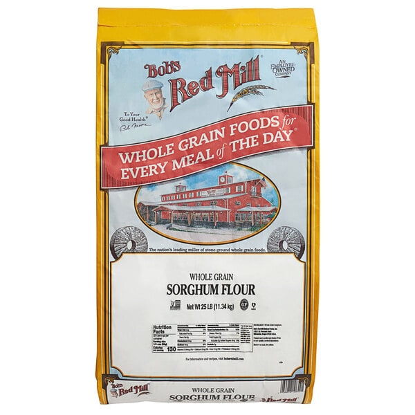 A white bag of Bob's Red Mill Gluten-Free Whole Grain Sorghum Flour.