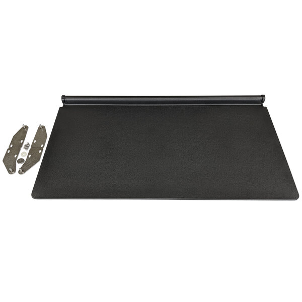 A black rectangular mat with metal clips and screws.