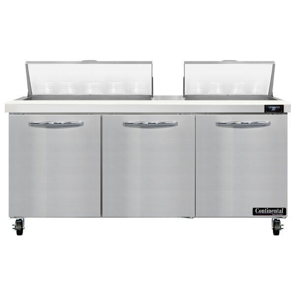 A Continental Refrigerator refrigerated sandwich prep table with three doors.