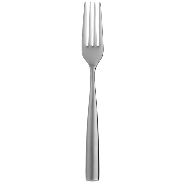 A close-up of a Reserve by Libbey stainless steel dinner fork with a silver handle.